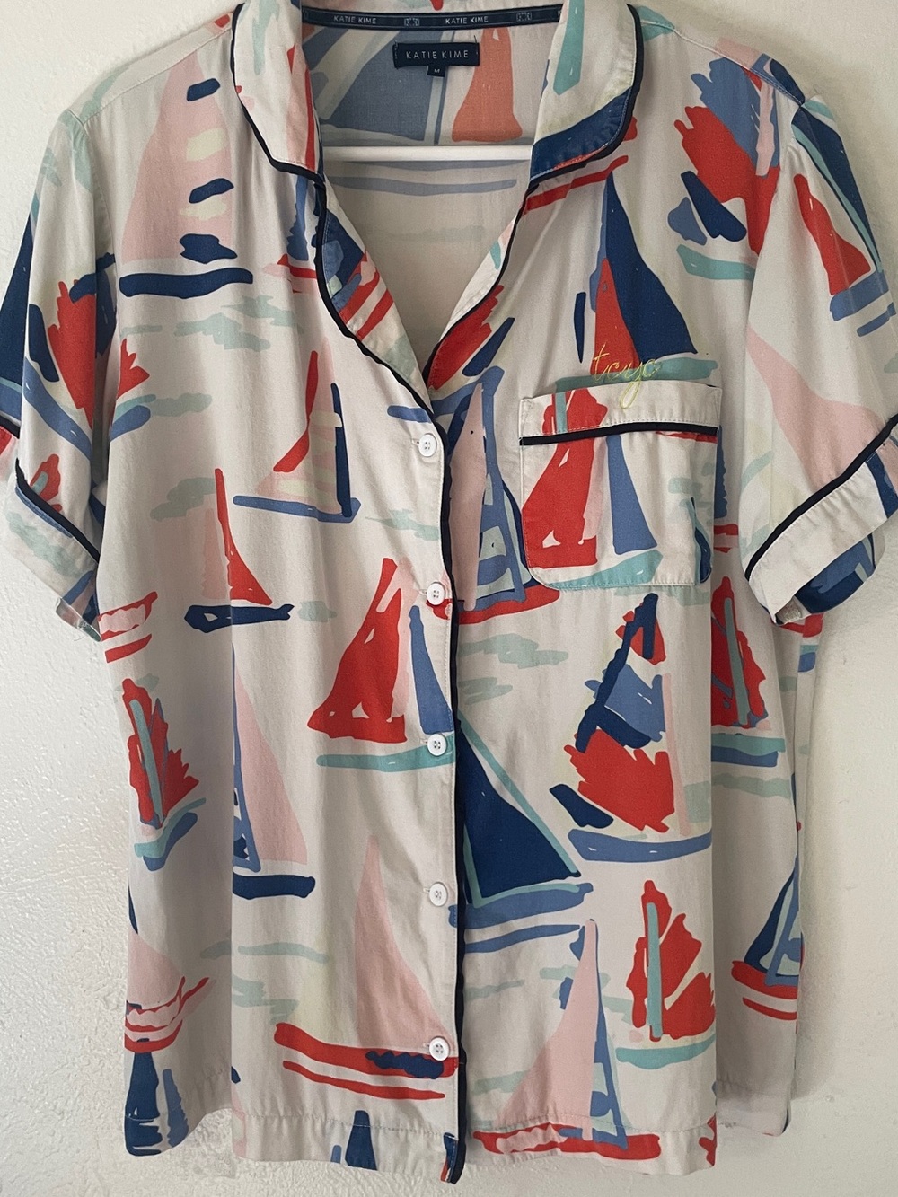 Katie Kime Surfrider Abstract Sailboat Pajama Top Blue Red TCYC Embroidered M